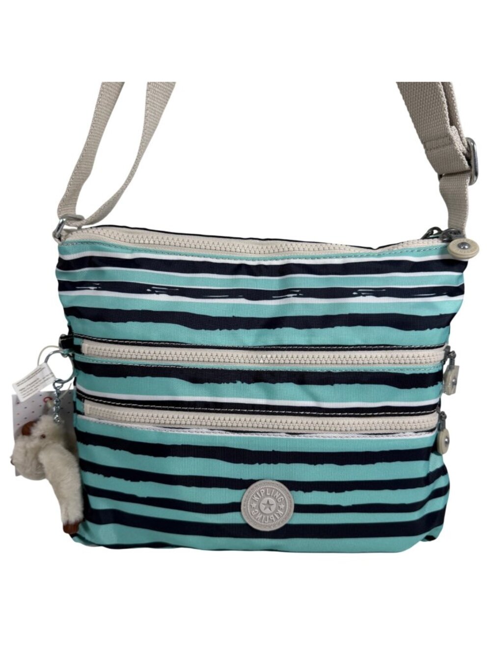 NWT Kipling Alvar Crossbody Bag in Blues Spectacle Stripe + Monkey Charm MSRP$89
